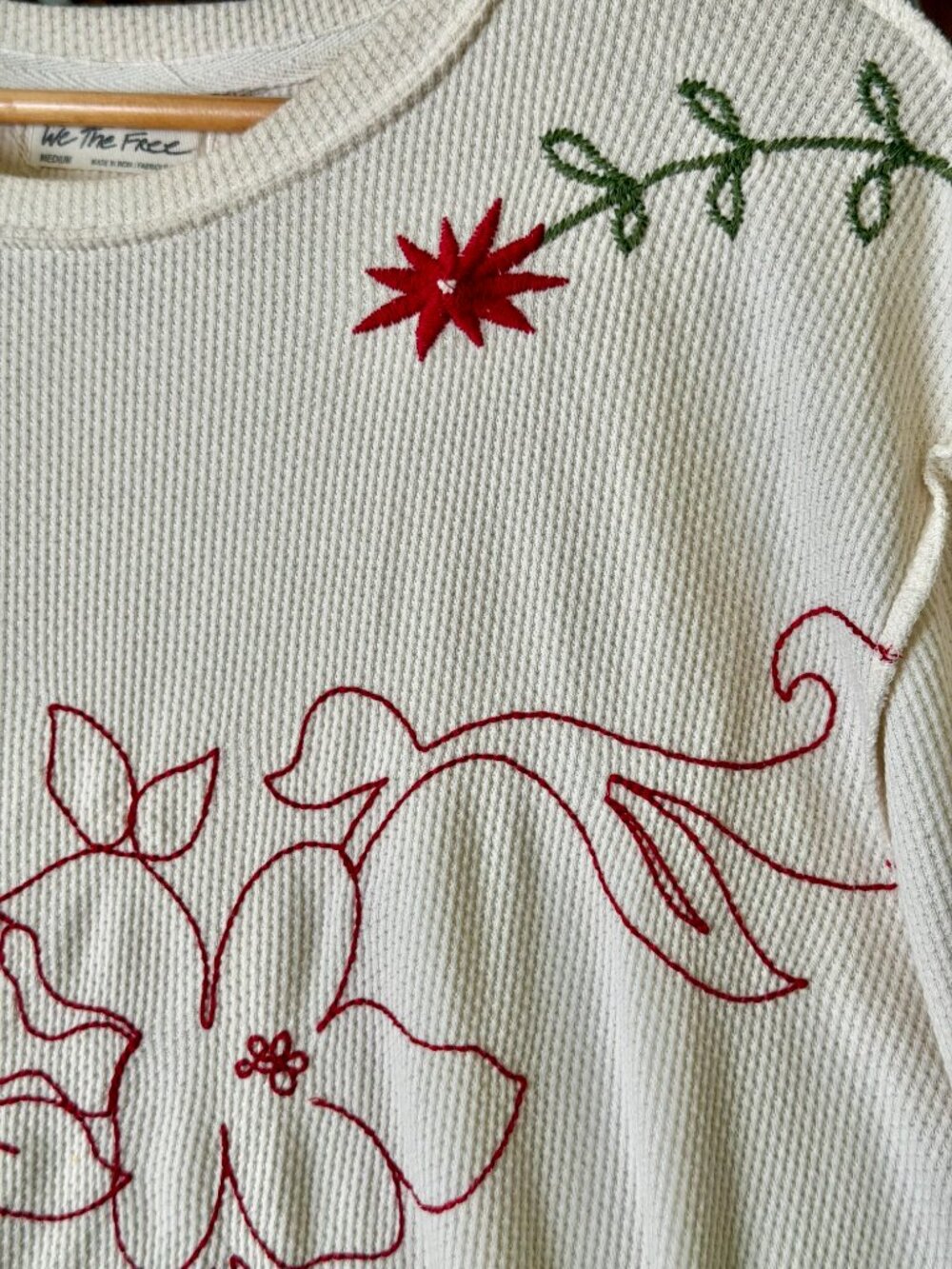 Free People Embroidered Floral Waffle Knit Long Sleeve Tee Medium Boho - Picture 13 of 16